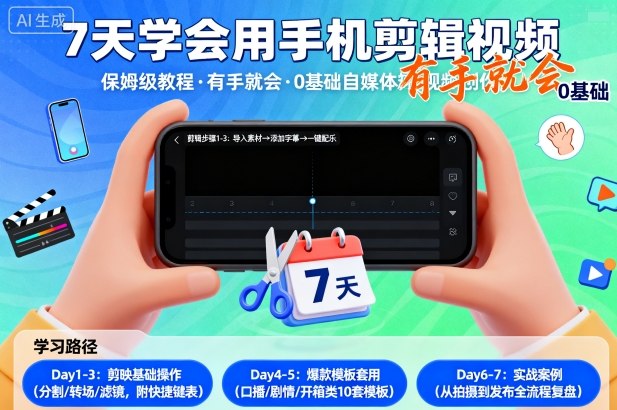 7天学会用手机剪辑视，保姆级教程，有手就会，0基础自媒体短视频创作教程-冒泡网