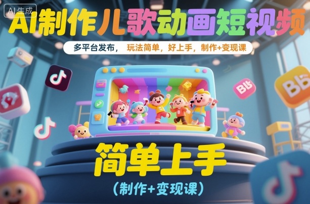 AI制作儿歌动画短视频，多平台发布，玩法简单，好上手，制作+变现课-冒泡网