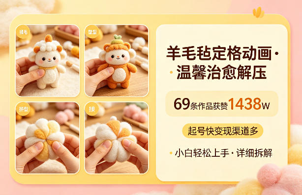 羊毛毡定格动画，温馨治愈解压，69条作品获赞1438W，起号快变现渠道多，小白轻松上手，详细拆解-冒泡网