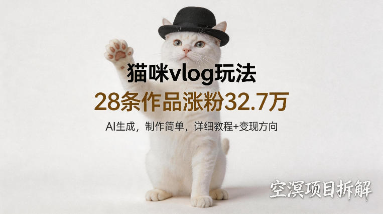 猫咪vlog玩法，28条作品涨粉32.7W，AI生成，制作简单，详细教程+变现方向-冒泡网