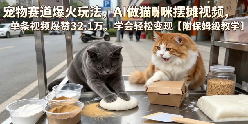 宠物赛道爆火玩法，AI做猫咪摆摊视频，单条视频爆赞32.1万，学会轻松变现【附保姆级教学】-冒泡网