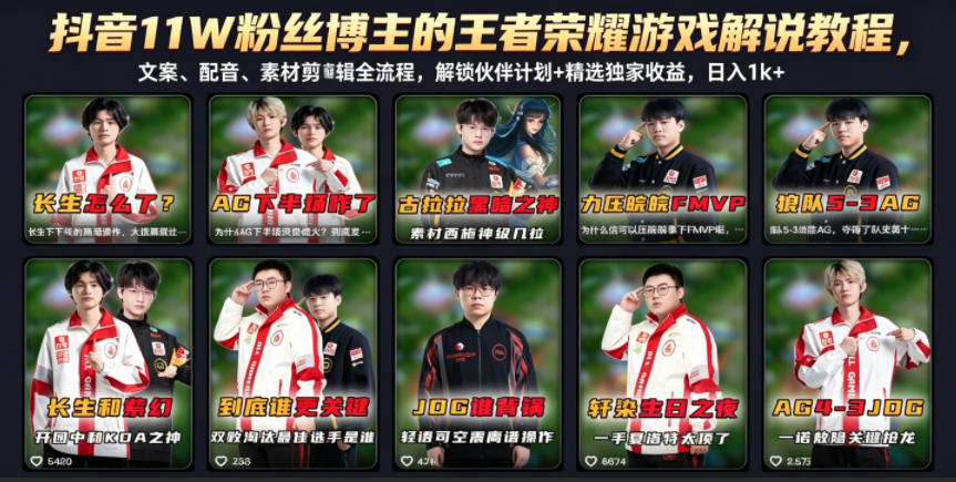抖音11W粉丝博主的王者荣耀游戏解说教程，文案、配音、素材剪辑全流程，解锁伙伴计划+精选独家收益，日入1k+-冒泡网