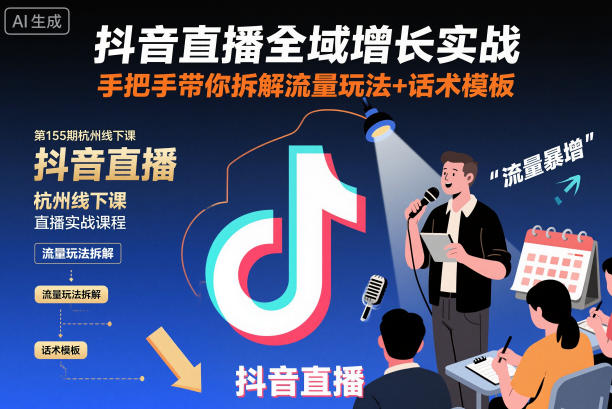 抖音直播全域增长实战第155期杭州线下课，手把手带你拆解流量玩法+话术模板-冒泡网