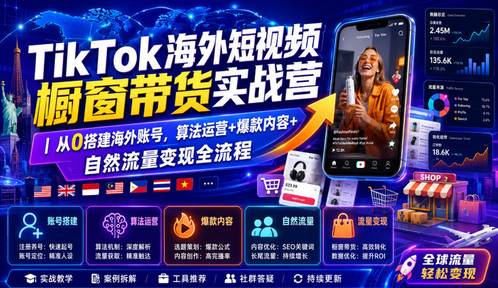 TikTok海外短视频橱窗带货实战营｜从0搭建海外账号，算法运营+爆款内容+自然流量变现全流程-冒泡网