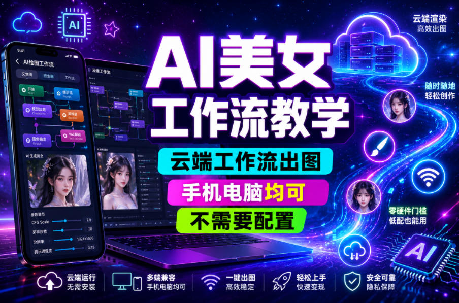 05aa3e6c278ba04e40afb36acd152f0f.jpeg AI美女工作流教学,云端工作流出图,手机电脑均可,不需要配置,快速起号涨粉