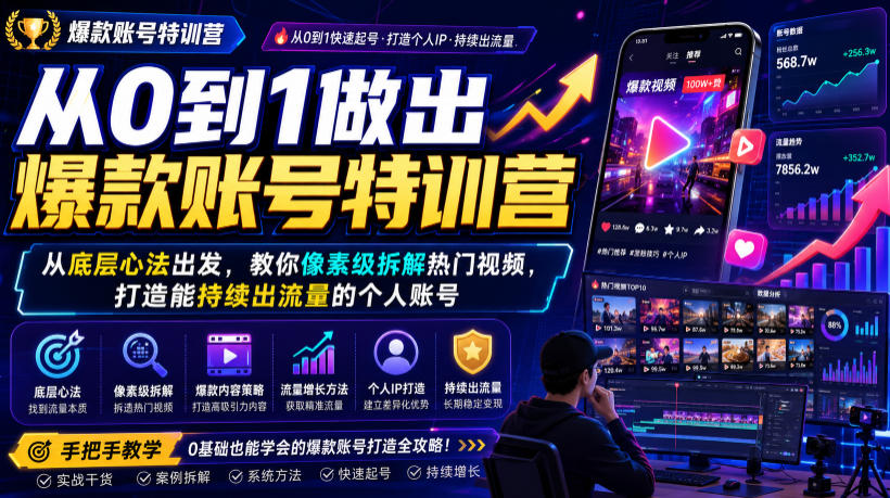 从0到1做出爆款账号特训营，从底层心法出发，教你像素级拆解热门视频，打造能持续出流量的个人账号-冒泡网