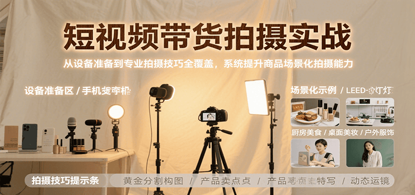 短视频带货拍摄实战，从设备准备到专业拍摄技巧全覆盖，系统提升商品场景化拍摄能力-冒泡网