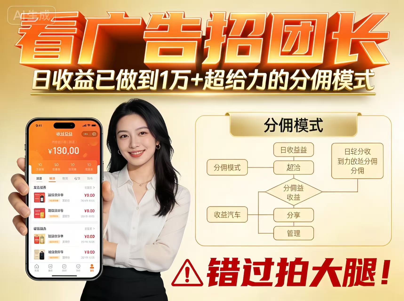 看广告招团长，团队收益已做到日入1万，分佣模式超给力，错过拍大腿-冒泡网