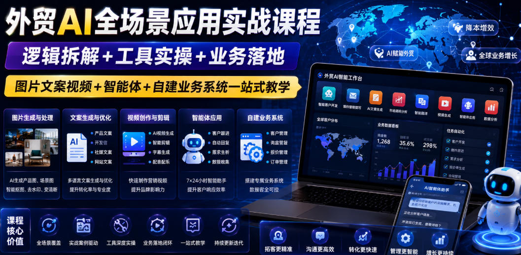 外贸AI全场景应用实战课程｜逻辑拆解+工具实操+业务落地，图片文案视频+智能体+自建业务系统一站式教学-冒泡网