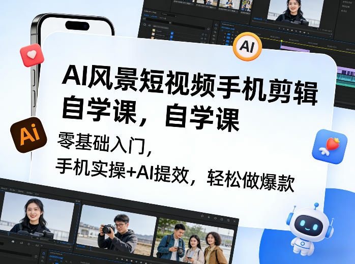 AI风景短视频手机剪辑自学课，零基础入门，手机实操+AI提效，轻松做爆款-冒泡网