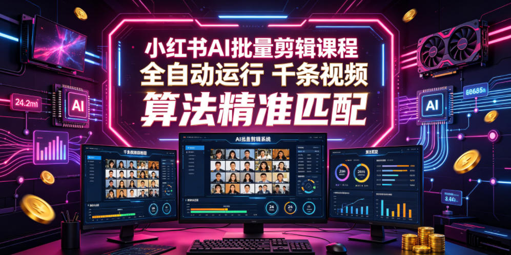 小红书AI批量剪辑课程，24小时全自动运行，解放双手专注运营，千条视频批量处理，小红书算法精准匹配-冒泡网
