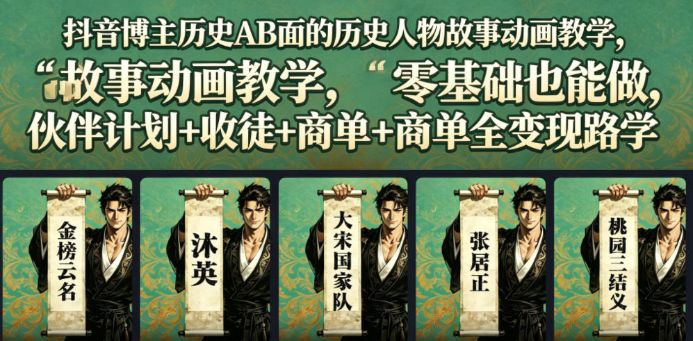 抖音博主历史AB面的历史人物故事动画教学，零基础也能做，伙伴计划+收徒+商单全变现路径教学-冒泡网