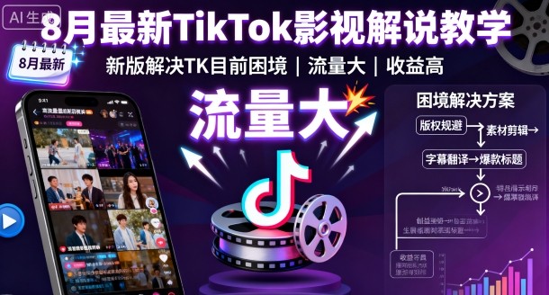 8月最新TikTok影视解说教学，新版解决TK目前困境，流量大，收益高-冒泡网