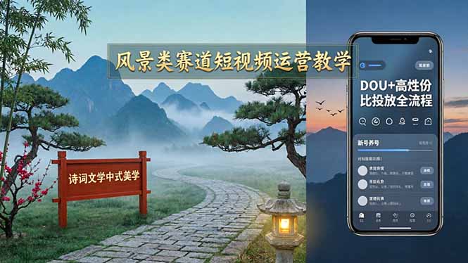 风景类赛道短视频运营教学：诗词文学中式美学，新号养号对标账号定位，DOU+高性价比投放全流程-冒泡网