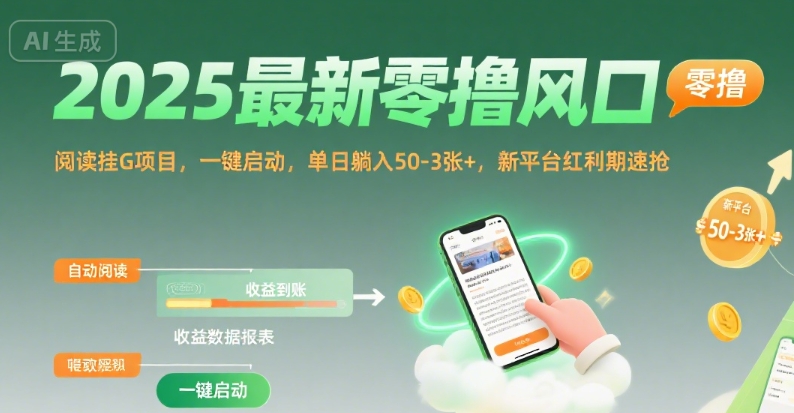 2025最新零撸风口，阅读挂G项目，一键启动，单日躺入 50-3张+，新平台红利期速抢【揭秘】-冒泡网