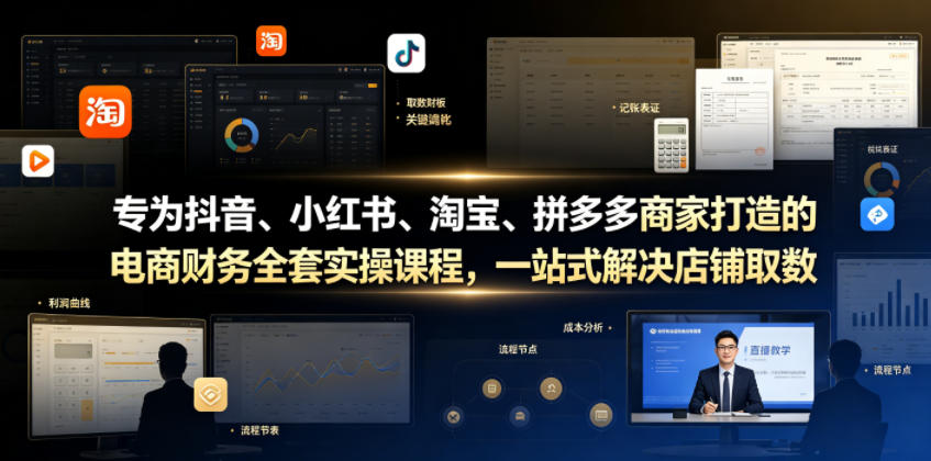 27f3d546e124d980268ec042a86cd3b9.jpeg 专为抖音、小红书、淘宝、拼多多商家打造的电商财务全套实操课程,一站式解决店铺取数、记账、报税全流程难题
