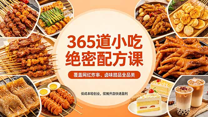 365道小吃绝密配方课：覆盖网红炸串、卤味甜品全品类，低成本轻创业，摆摊开店快速盈利-冒泡网