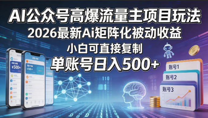 AI公众号高爆流量主项目玩法，2026最新Ai矩阵化被动收益，小白可直接复制，单账号日入500+-冒泡网