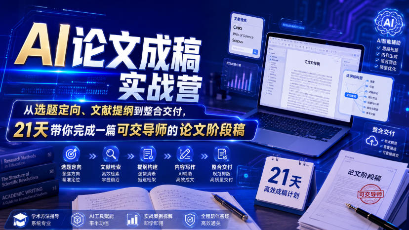 AI论文成稿实战营，从选题定向、文献提纲到整合交付，21天带你完成一篇可交导师的论文阶段稿-冒泡网