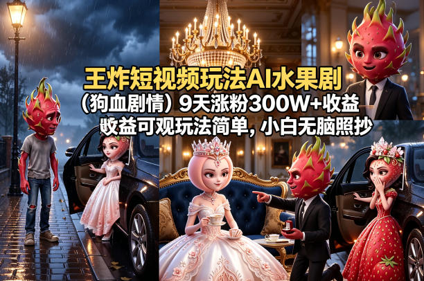 王炸短视频玩法AI水果剧(狗血剧情)9天涨粉300W+收益可观玩法简单，小白无脑照抄，详细拆解玩法-冒泡网
