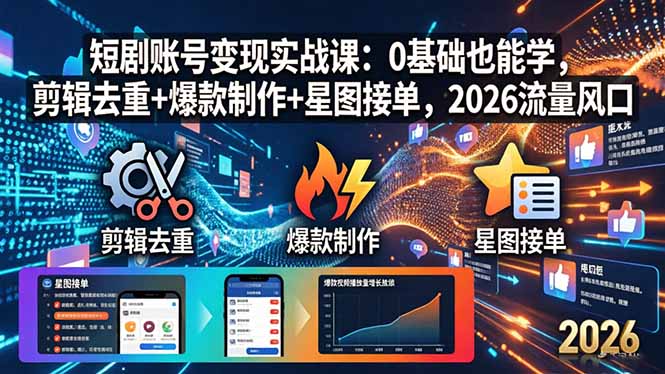 短剧账号变现实战课：0基础也能学，剪辑去重+爆款制作+星图接单，2026流量风口-冒泡网