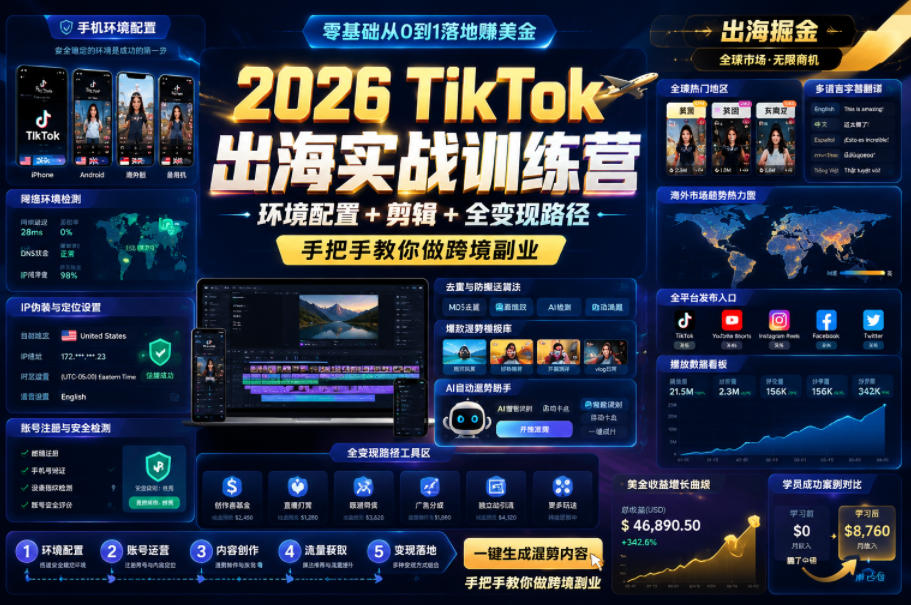341d27bdb35d3e03f72a53fb3573cbb6.jpeg 2026 TikTok出海实战训练营,环境配置 + 剪辑 + 全变现路径,手把手教你做跨境副业