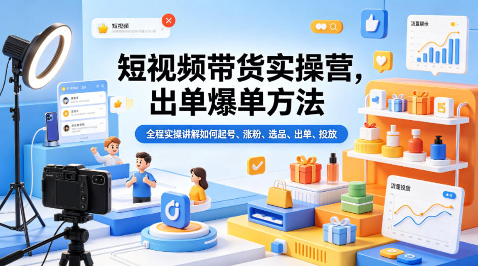 短视频带货实操营，出单爆单方法，全程实操讲解如何起号、涨粉、选品、出单、投放-冒泡网
