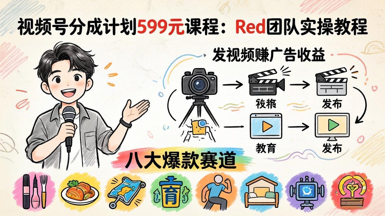 视频号分成计划599元课程：Red团队实操教程，发视频赚广告收益，八大爆款赛道全掌握-冒泡网