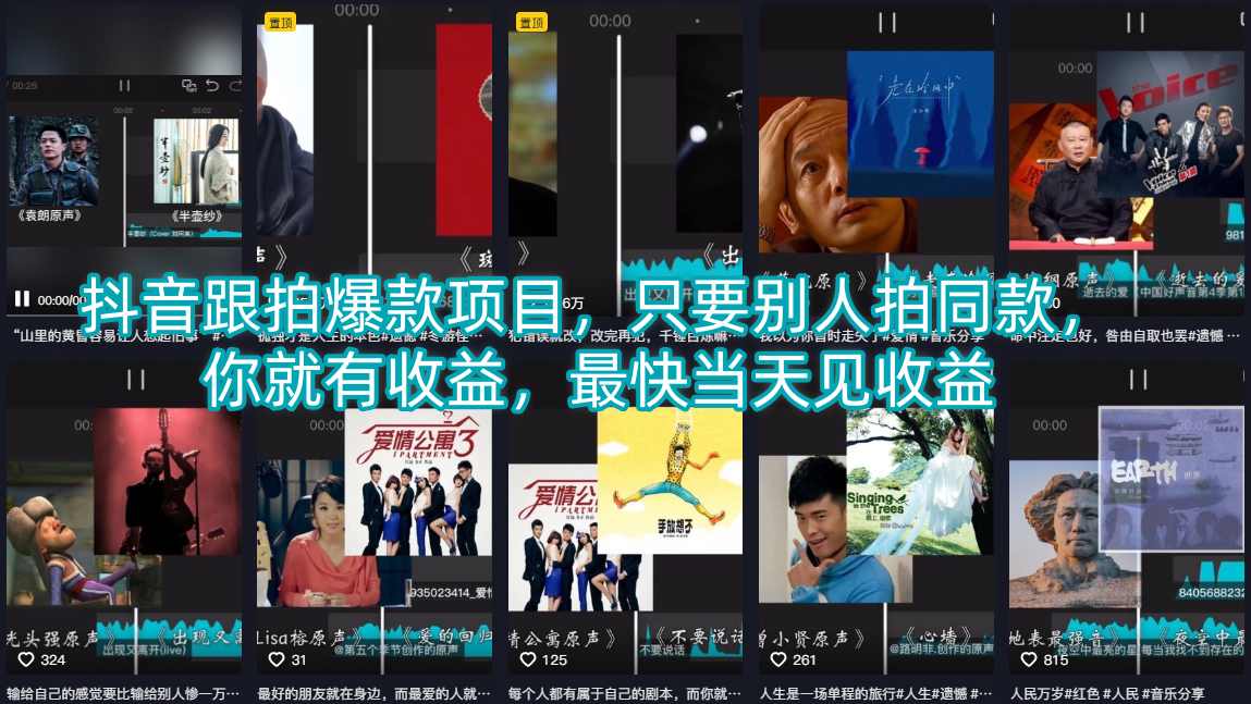 抖音跟拍爆款项目，只要别人拍同款，你就有收益，最快当天见收益-冒泡网