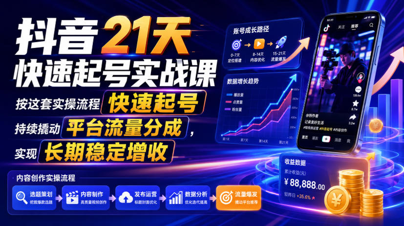 抖音21天快速起号实战课，按这套实操流程快速起号，持续撬动平台流量分成，实现长期稳定增收-冒泡网