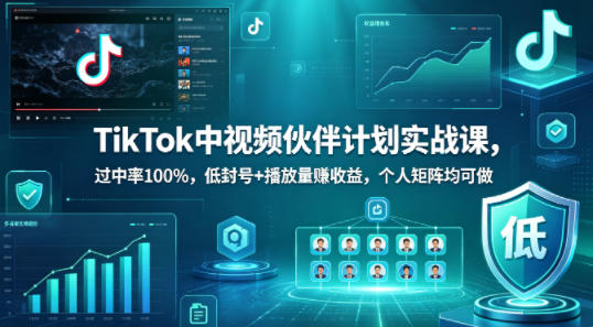 TikTok中视频伙伴计划实战课，过中率100%，低封号+播放量賺收益，个人矩阵均可做-冒泡网