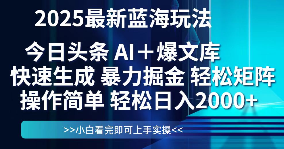 今日头条2025最新蓝海玩法，思路简单，复制粘贴，轻松实现矩阵日入2000+-冒泡网