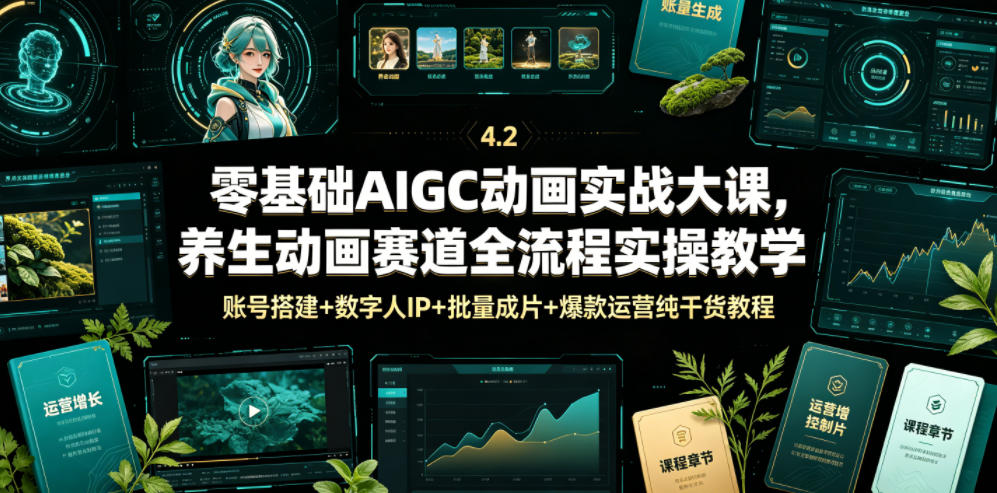 零基础AIGC动画实战大课，养生动画赛道全流程实操教学，账号搭建+数字人IP+批量成片+爆款运营纯干货教程-蜗牛学社