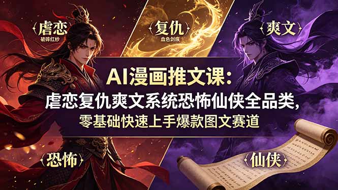 AI漫画推文课：虐恋复仇爽文系统恐怖仙侠全品类，零基础快速上手爆款图文赛道-冒泡网