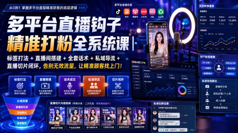 多平台直播钩子精准打粉全系统课｜标签打法+直播间搭建+全套话术+私域导流+直播切片闭环，告别无效流量，让精准顾客找上门！-冒泡网