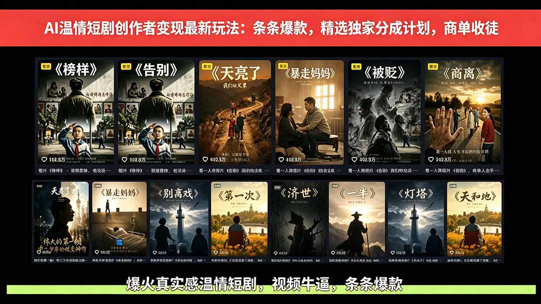 AI温情短剧创作者变现最新玩法：视频牛逼，条条爆款，精选独家分成计划，商单收徒-冒泡网