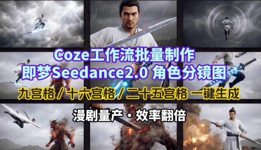Coze工作流批量制作即梦Seedance2.0角色分镜图，九宫格-十六宫格-二十五宫格一键生成，漫剧量产，效率翻倍-冒泡网