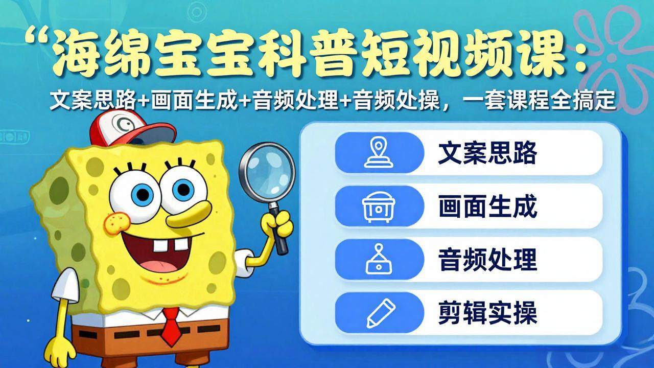 海绵宝宝科普短视频课：文案思路+画面生成+音频处理+剪辑实操，一套课程全搞定-冒泡网