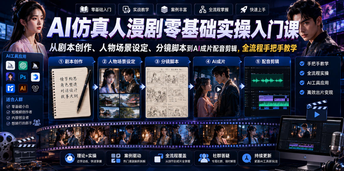 51fb87f7e0df3a7ebf3958e6b807b226.jpeg AI仿真人漫剧零基础实操入门课,从剧本创作、人物场景设定、分镜脚本到AI成片配音剪辑,全流程手把手教学
