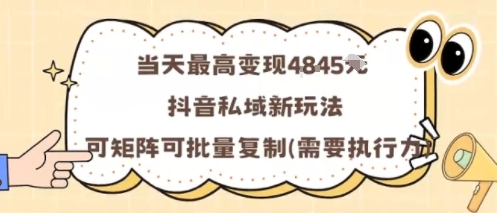 当天最高变现1k+，抖音私域新玩法，可矩阵可批量复制-冒泡网