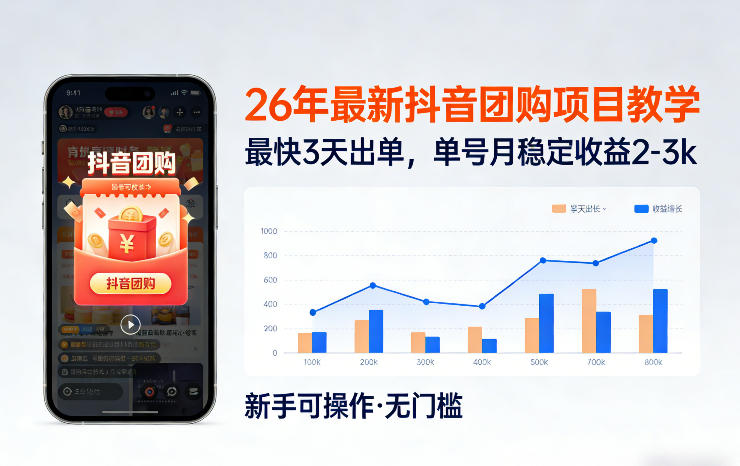 26年最新抖音团购项目教学，0门槛，最快3天出单，单号月稳定收益2-3k(更新3月19日)-冒泡网