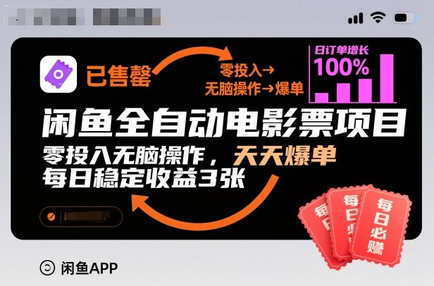 闲鱼全自动电影票项目，零投入无脑操作，天天爆单，每日稳定收益3张【揭秘】-冒泡网