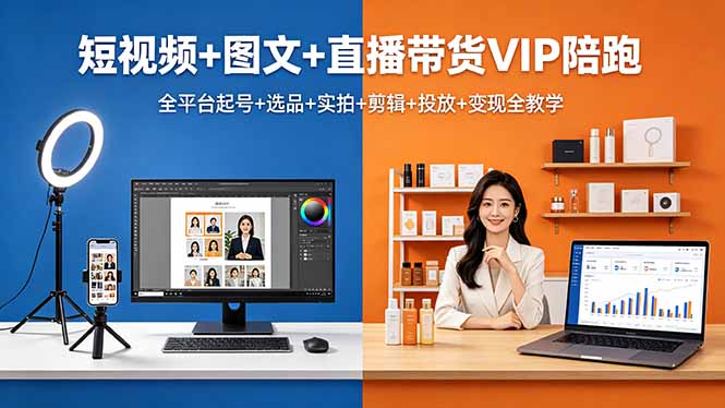 短视频+图文+直播带货VIP陪跑，全平台起号+选品+实拍+剪辑+投放+变现全教学-冒泡网