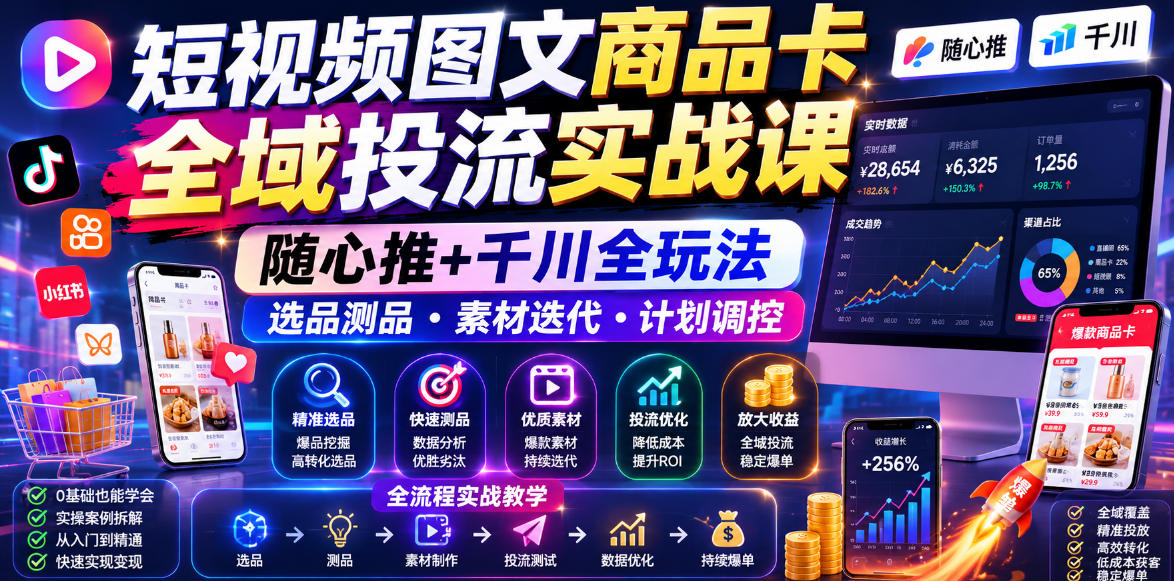 短视频图文商品卡全域投流实战课，随心推+千川全玩法，选品测品・素材迭代・计划调控，提升ROI爆单增收教程-冒泡网