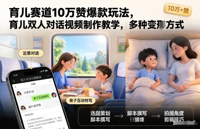 育儿赛道10万赞爆款玩法，育儿双人对话视频制作教学，多种变现方式-冒泡网