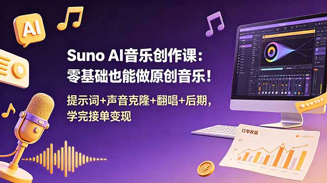 Suno AI音乐创作课：零基础也能做原创音乐！提示词+声音克隆+翻唱+后期，学完接单变现-冒泡网