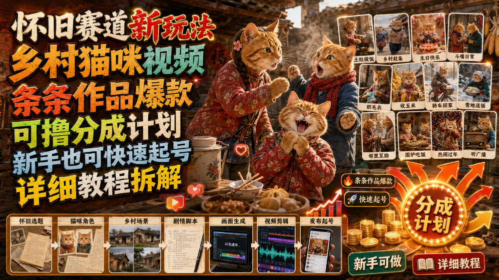 怀旧赛道新玩法，乡村猫咪视频，条条作品爆款，可撸分成计划，新手也可快速起号，详细教程拆解-冒泡网