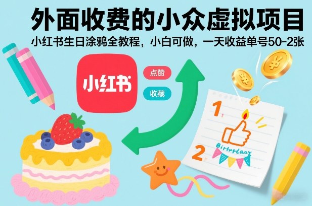 外面收费的小众虚拟项目，小红书生日涂鸦全教程，小白可做，一天收益单号50-2张-冒泡网