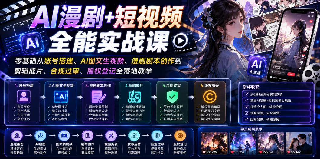 AI漫剧+短视频全能实战课｜零基础从账号搭建、AI图文生视频、漫剧剧本创作到剪辑成片、合规过审、版权登记全落地教学-蜗牛学社