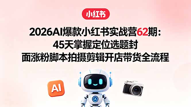 2026AI爆款小红书实战营62期：45天掌握定位选题封面涨粉脚本拍摄剪辑开店带货全流程-冒泡网